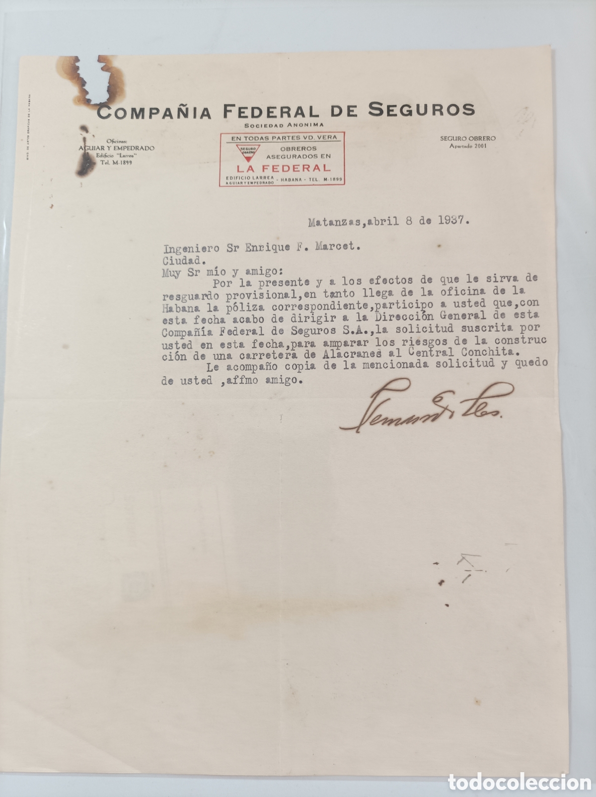 Cartas comerciales: Cuba, documento de la compa&ntilde;&iacute;a general de seguros,a&ntilde;o 1937 - Foto 1