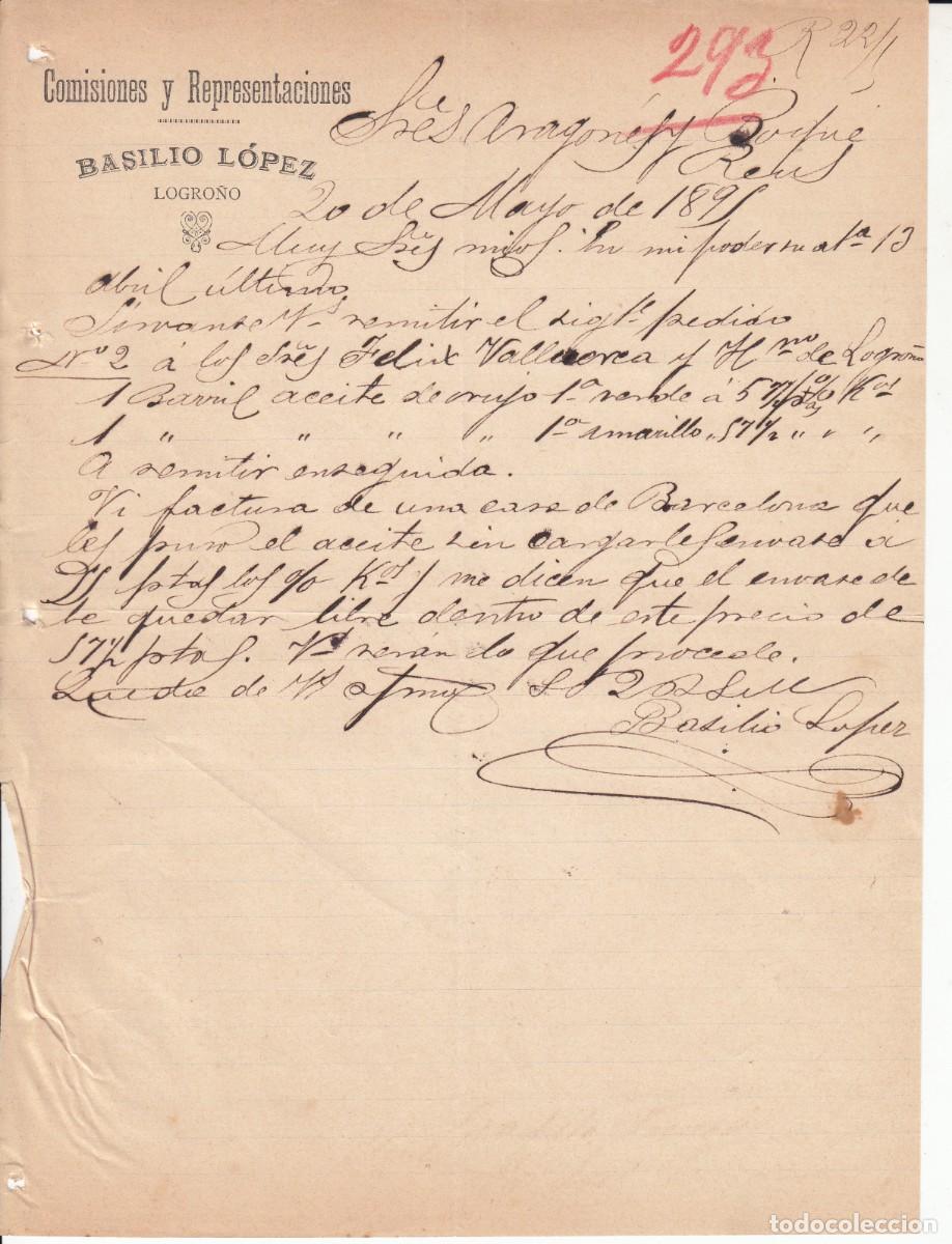 Cartas comerciales: 1891 CARTA COMERCIAL DE COMISIONES BASILIO LOPEZ EN LOGRO&Ntilde;O - Foto 1