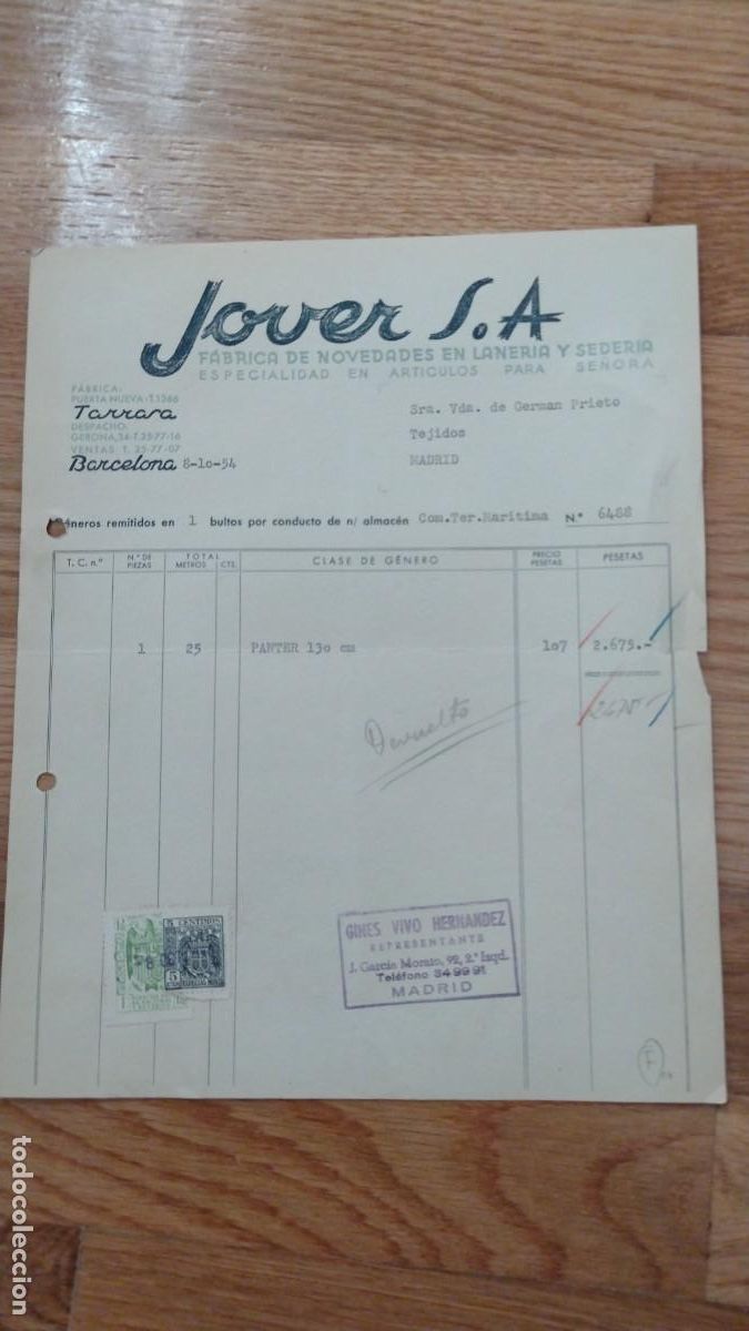 Cartas comerciales: Jover S. A. Fábrica de novedades en lanería y sedería, Tarrasa Barcelona. - Foto 1