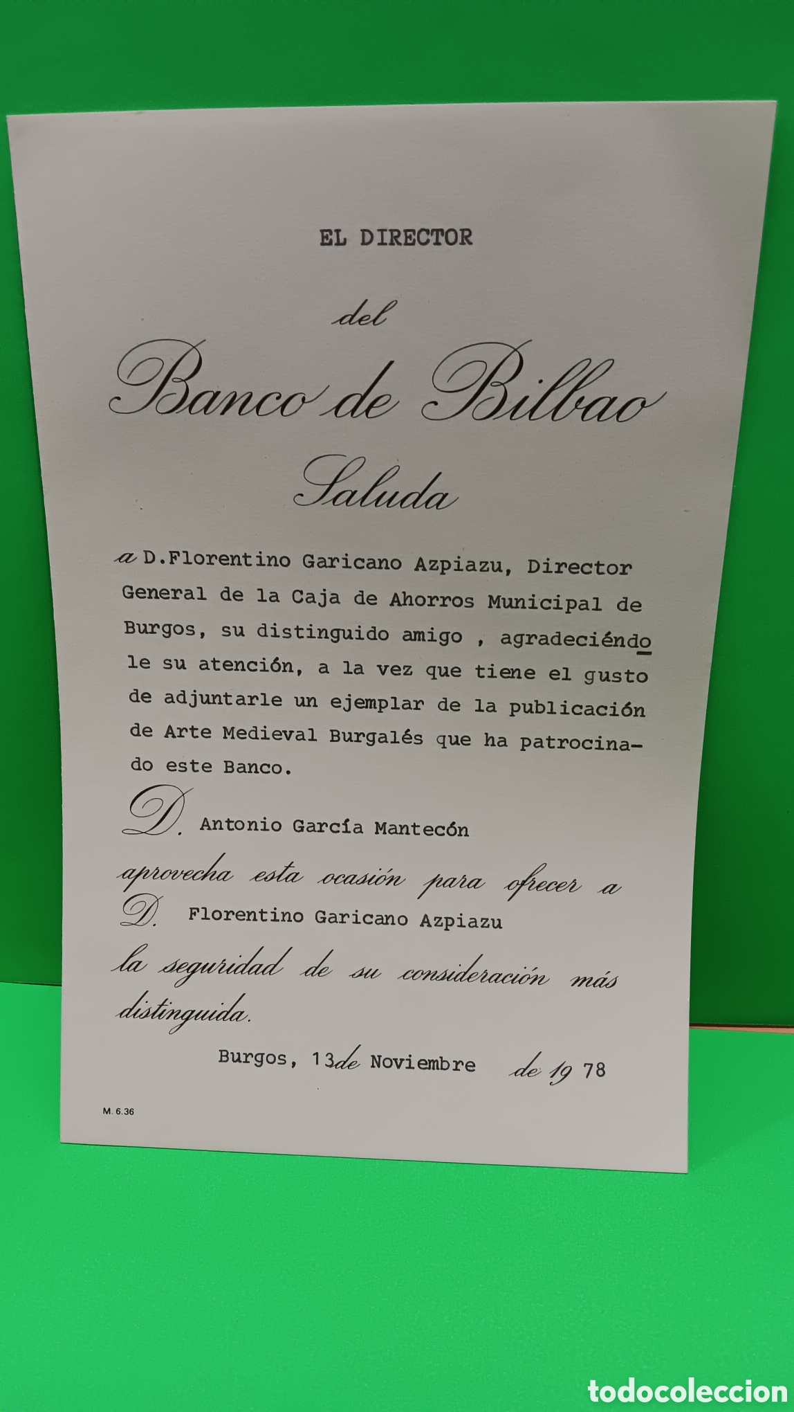 Cartas comerciales: &rdquo;&rdquo; SALUDA DE EL DIRECTOR DEL BANCO DE BILBAO &rdquo;&rdquo; ....1978.. - Foto 1