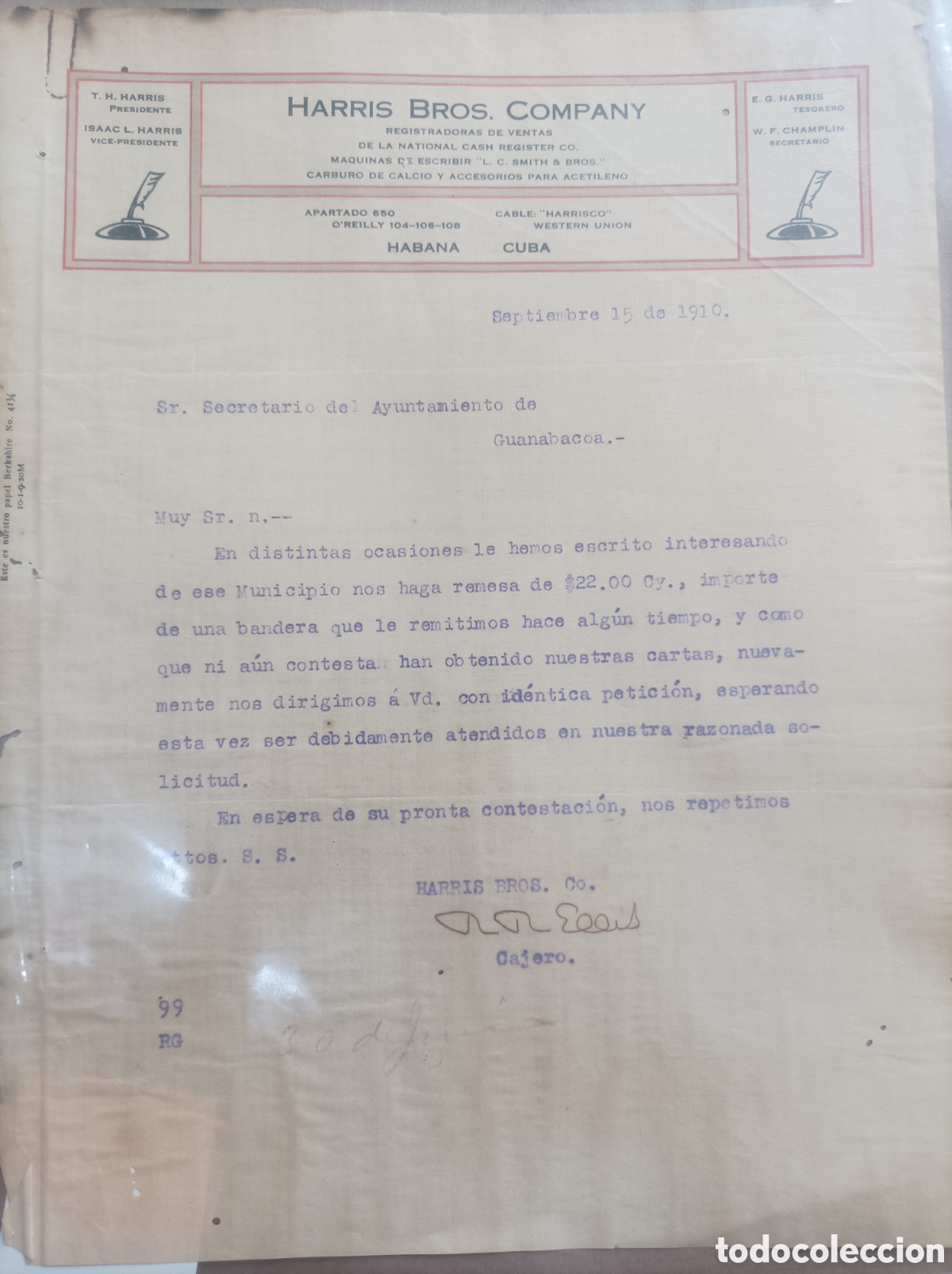 Cartas comerciales: Cuba, documento de la compa&ntilde;&iacute;a Harris Bros del a&ntilde;o 1910. - Foto 1