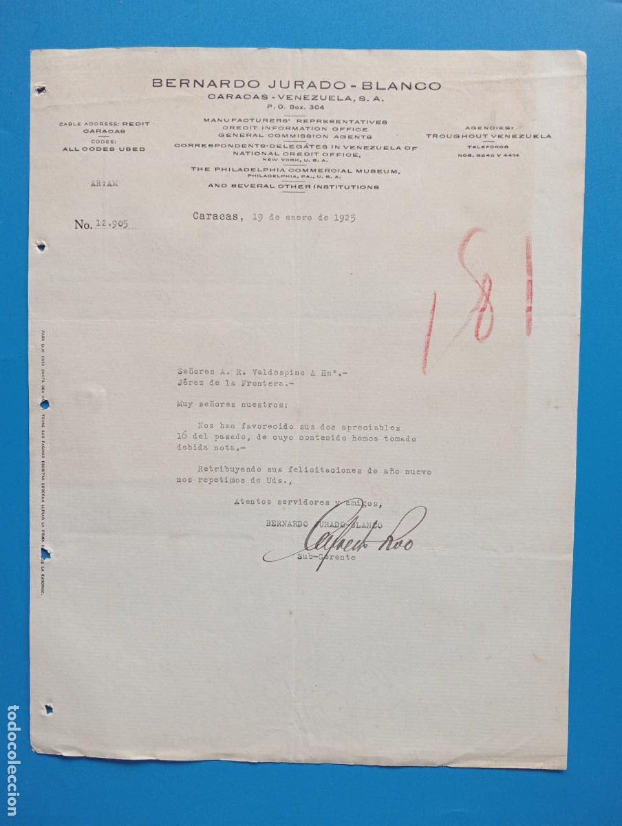 Gesch&auml;ftsbriefe: CARTA COMERCIAL. CARACAS, VENEZUELA. 1925. BERNARDO JURADO-BLANCO. MANUFACTURES REPRESENTATIVES.