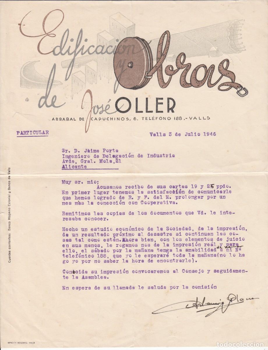 Cartas comerciales: CARTA COMERCIAL DE EDIFICACION Y OBRAS DE JOS&Eacute; OLLER EN VALLS - 1946 - Foto 1