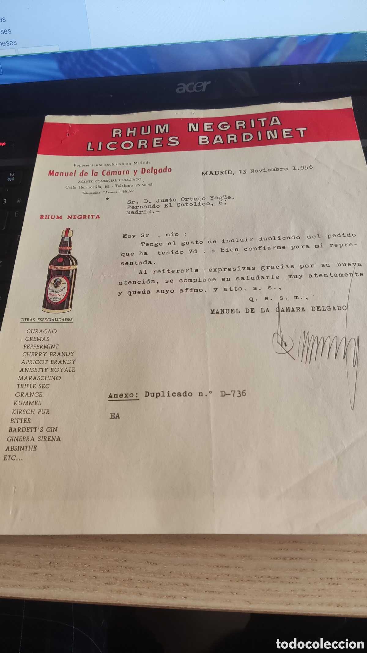 Cartas comerciales: Documento de licores bardinet y rhun negrita - Foto 1