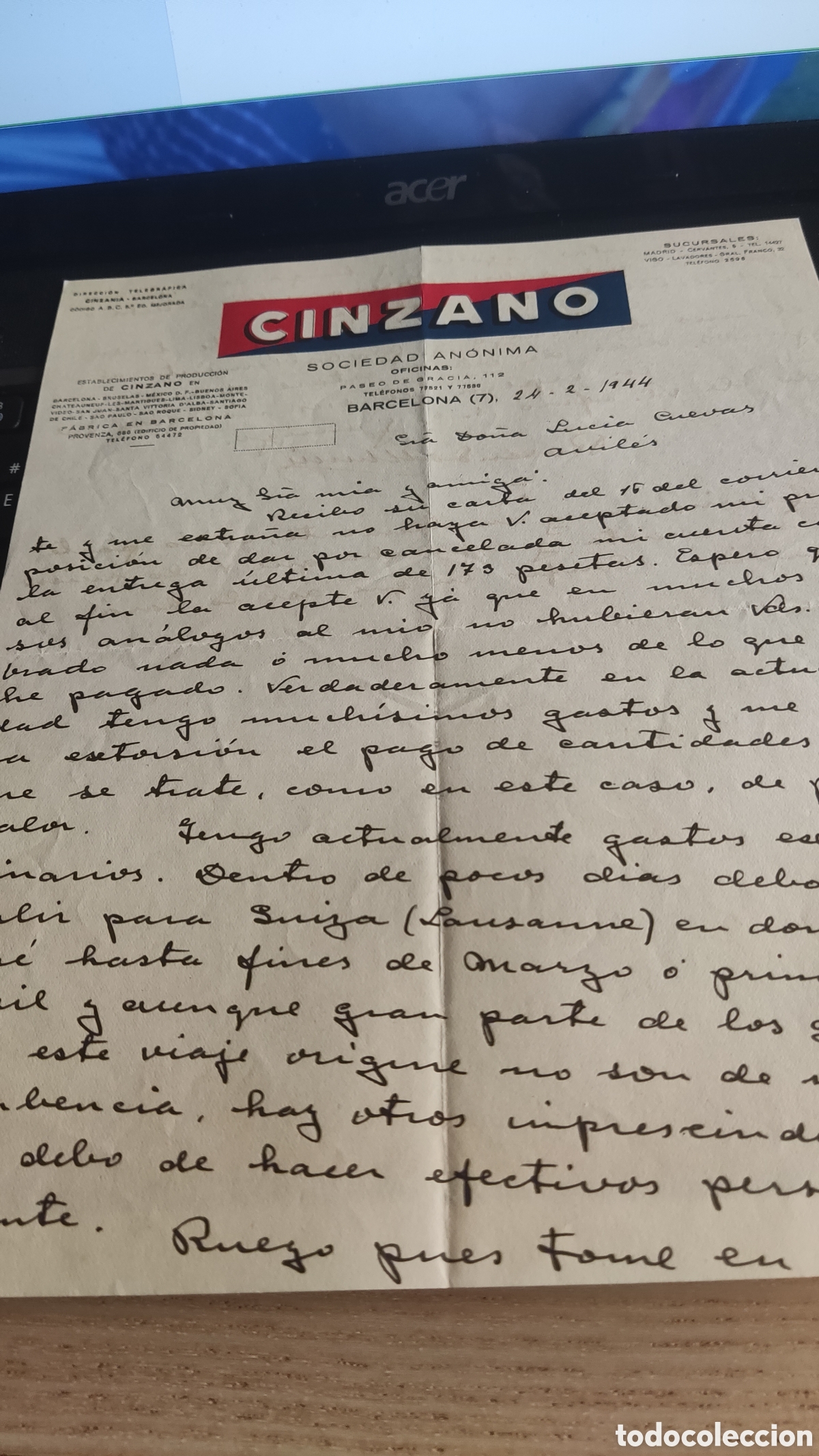 Cartas comerciales: Documento de Cinzano Barcelona 1944 - Foto 1