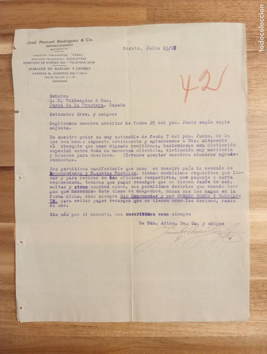 Lettres commerciales: CARTA COMERCIAL. BOGOTA. 1927. JOSE MANUEL RODRIGUEZ & CO. IMPORTADORES. ALMACEN LICORES.