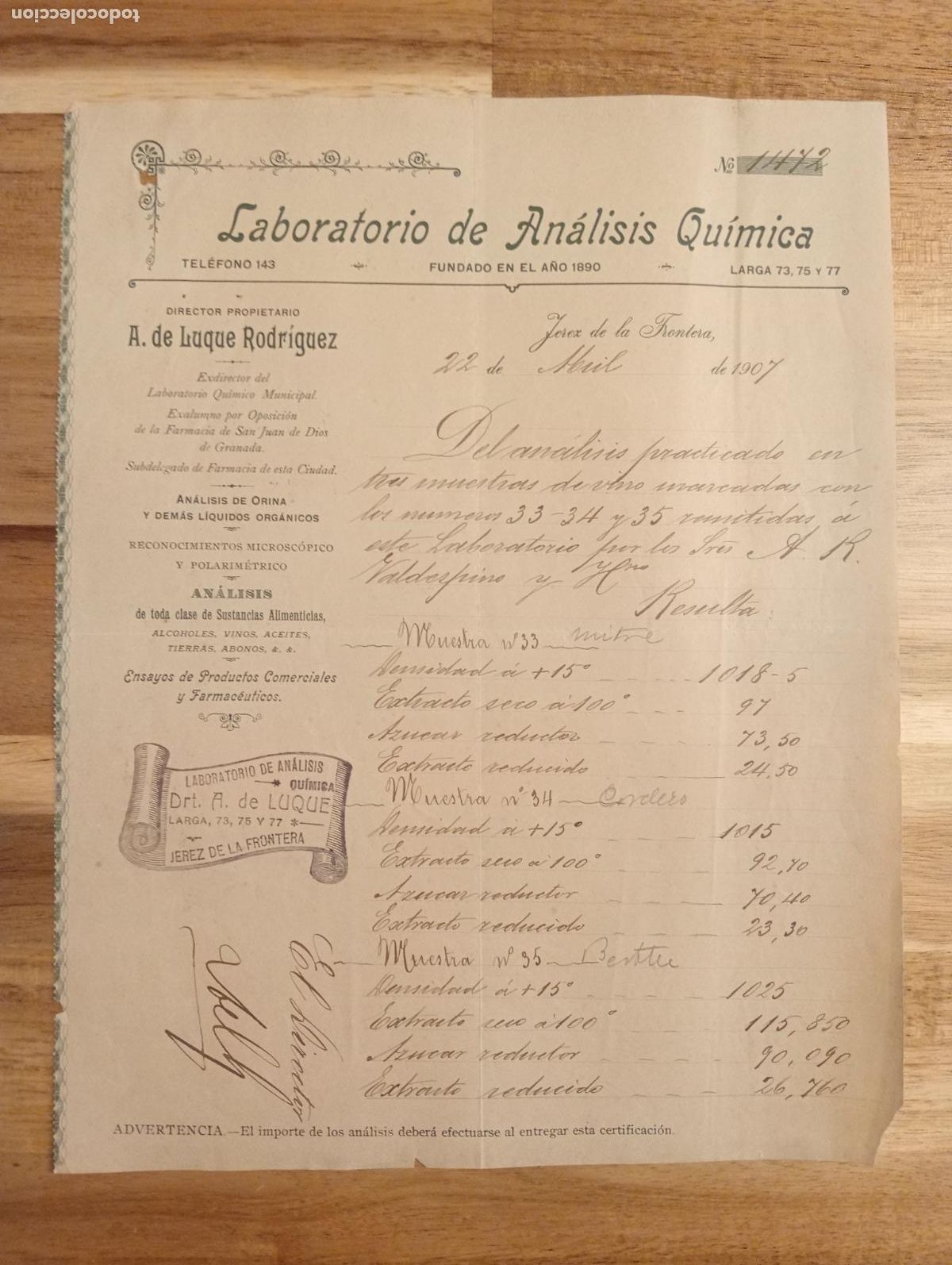 Lettres commerciales: CARTA COMERCIAL. JEREZ DE LA FRONTERA. 1907. LABORATORIO DE ANALISIS QUIMICA. A. DE LUQUE RODRIGUEZ.