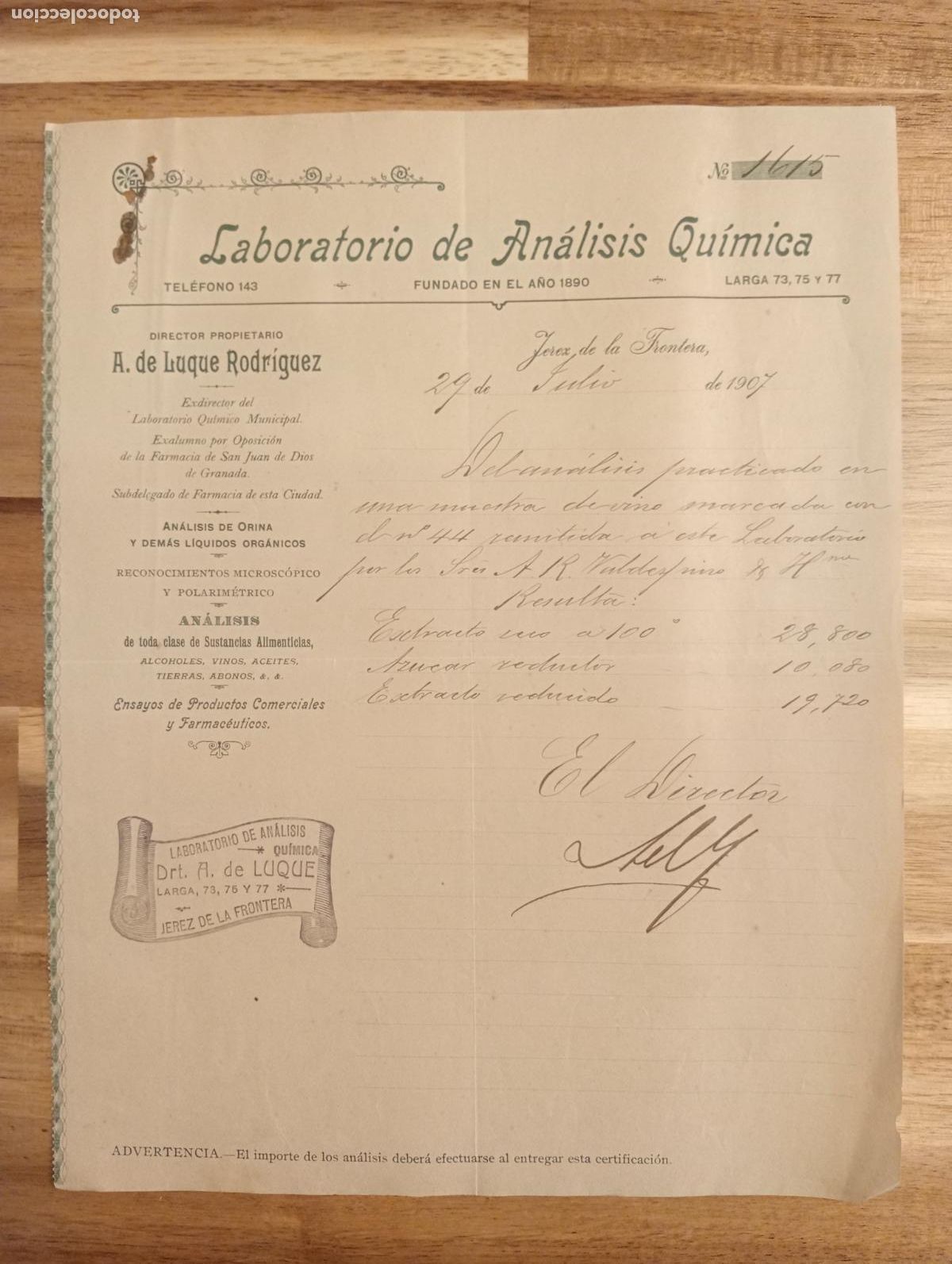 Lettres commerciales: CARTA COMERCIAL. JEREZ DE LA FRONTERA. 1907. LABORATORIO DE ANALISIS QUIMICA. A. DE LUQUE RODRIGUEZ.