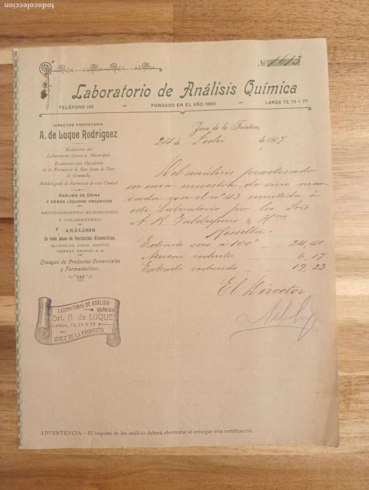 Lettres commerciales: CARTA COMERCIAL. JEREZ DE LA FRONTERA. 1907. LABORATORIO DE ANALISIS QUIMICA. A. DE LUQUE RODRIGUEZ.