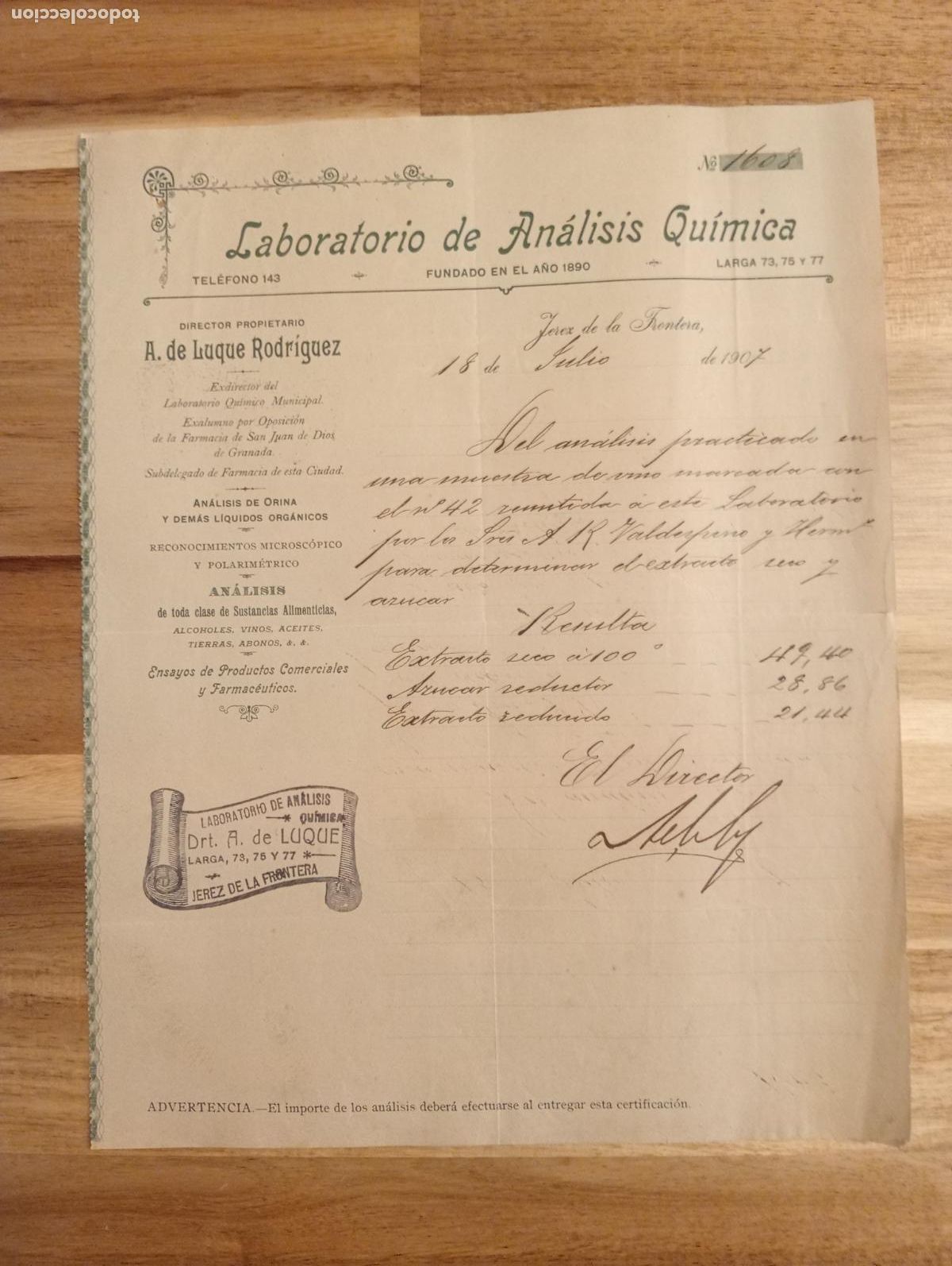 Lettres commerciales: CARTA COMERCIAL. JEREZ DE LA FRONTERA. 1907. LABORATORIO DE ANALISIS QUIMICA. A. DE LUQUE RODRIGUEZ.