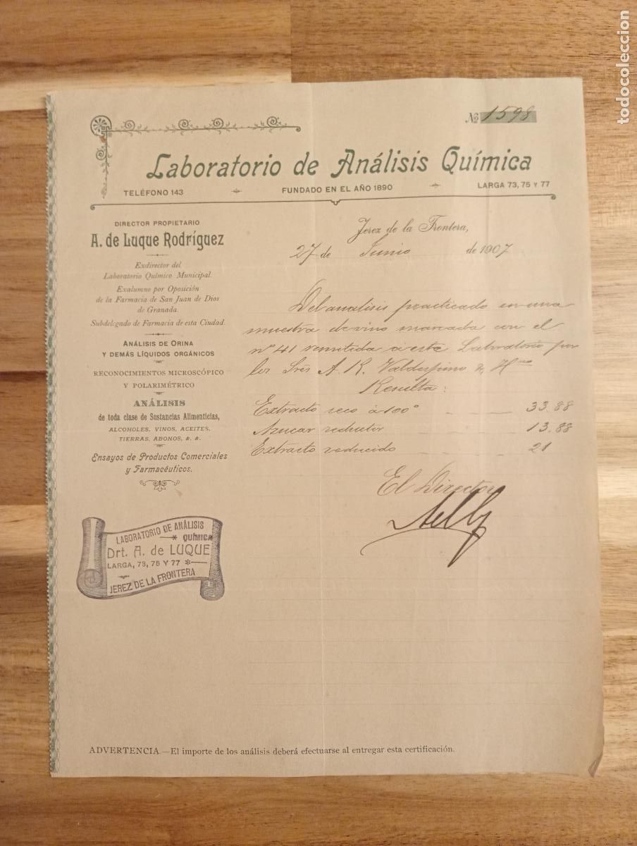 Lettres commerciales: CARTA COMERCIAL. JEREZ DE LA FRONTERA. 1907. LABORATORIO DE ANALISIS QUIMICA. A. DE LUQUE RODRIGUEZ.