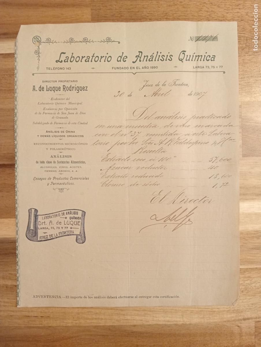 Lettres commerciales: CARTA COMERCIAL. JEREZ DE LA FRONTERA. 1907. LABORATORIO DE ANALISIS QUIMICA. A. DE LUQUE RODRIGUEZ.