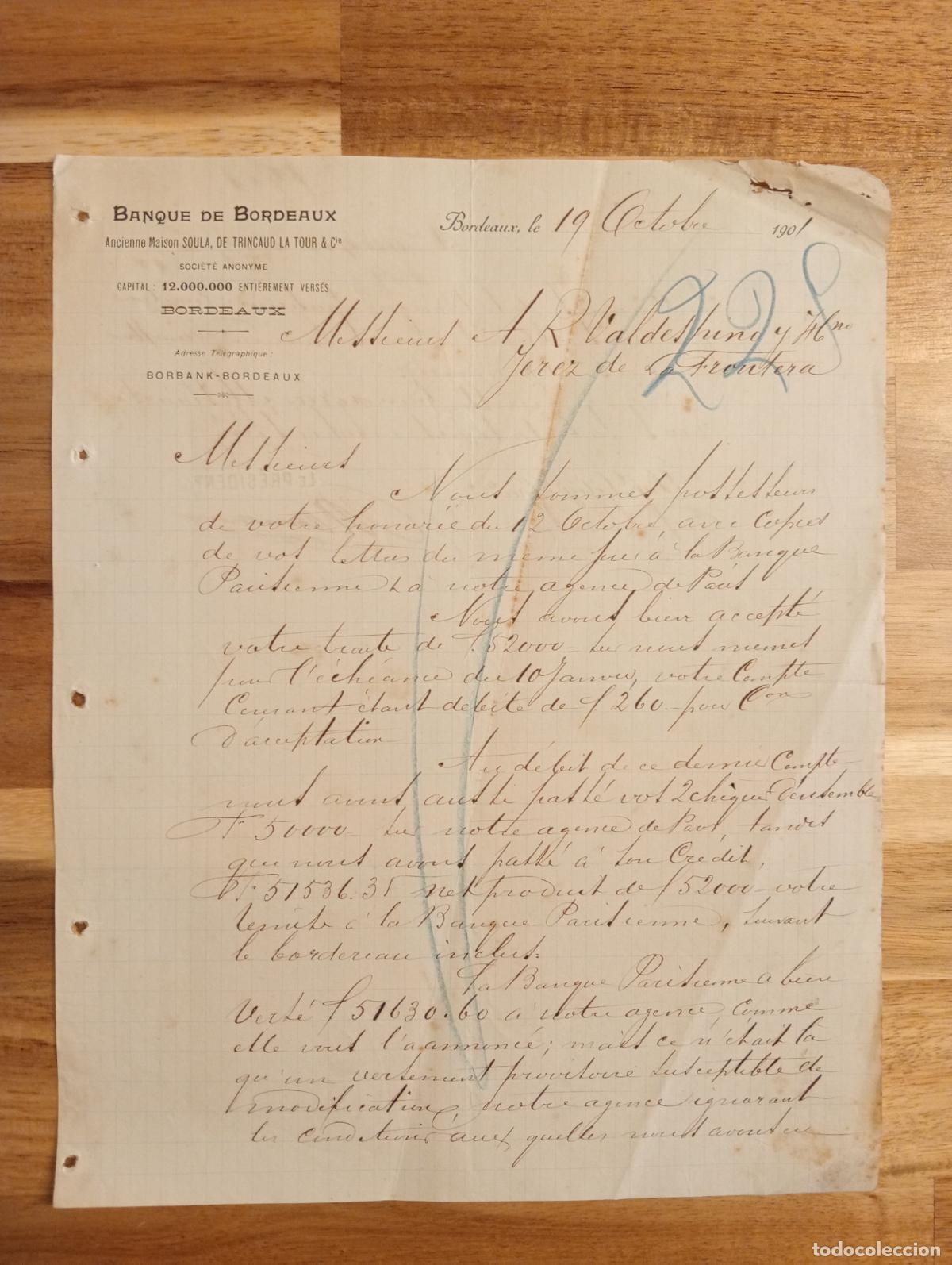 Lettres commerciales: CARTA COMERCIAL. BORDEAUX, FRANCIA. 1901. BANQUE DE BORDEAUX.