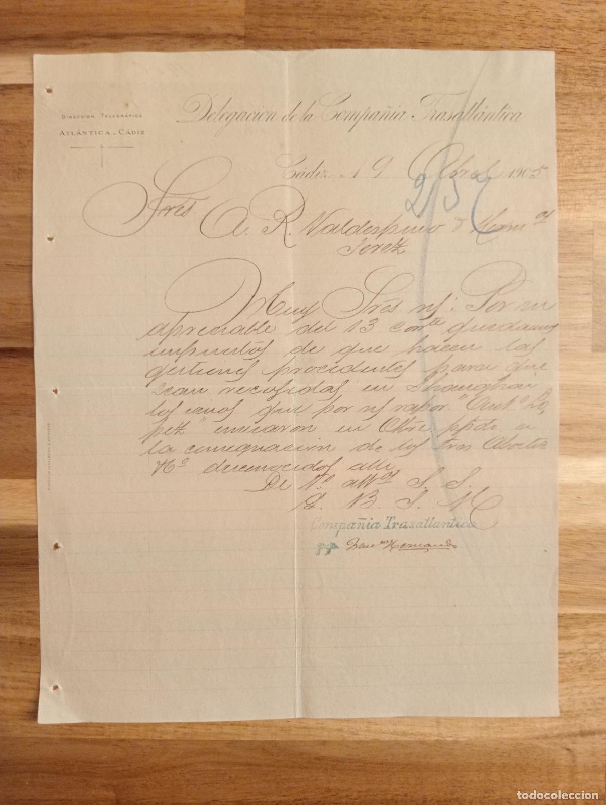Lettres commerciales: CARTA COMERCIAL. CÁDIZ. 1905. DELEGACION DE LA COMPAÑIA TRASATLANTICA.