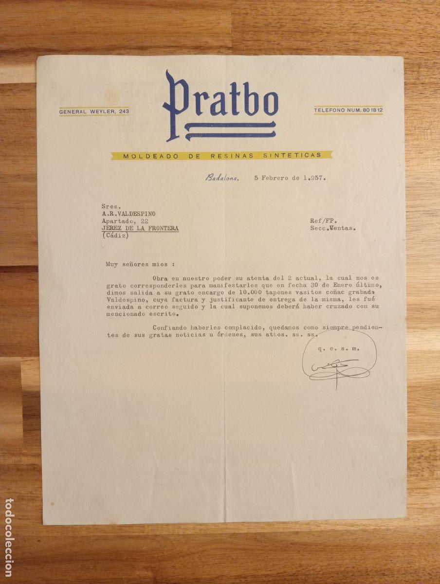 Lettres commerciales: CARTA COMERCIAL. BADALONA. 1957. PRATBO. MOLDEADO DE RESINAS SINTETICAS.