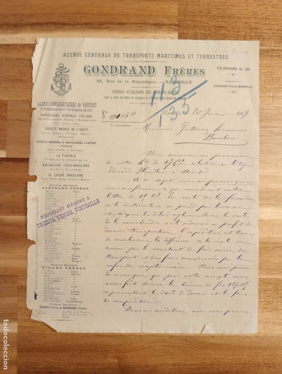 Lettres commerciales: CARTA COMERCIAL. MARSEILLE, FRANCIA. 1899. AGENCE GENERALE DE TRANSPORTS MARITIMES ET TERRESTRE.