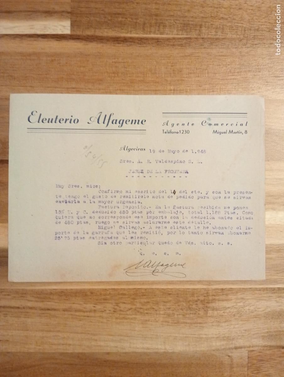 Lettres commerciales: CARTA COMERCIAL. ALGECIRAS. 1948. ELEUTERIO ALFAGEME. AGENTE COMERCIAL.