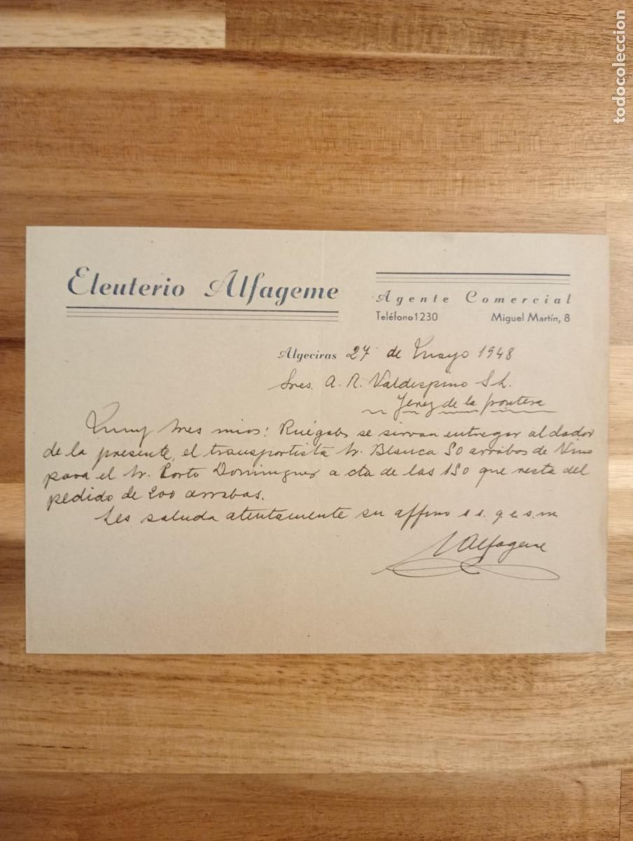 Lettres commerciales: CARTA COMERCIAL. ALGECIRAS. 1948. ELEUTERIO ALFAGEME. AGENTE COMERCIAL.