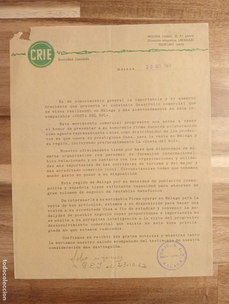 Lettres commerciales: CARTA COMERCIAL. MALAGA. 1962. CRIE. SOCIEDAD LIMITADA.