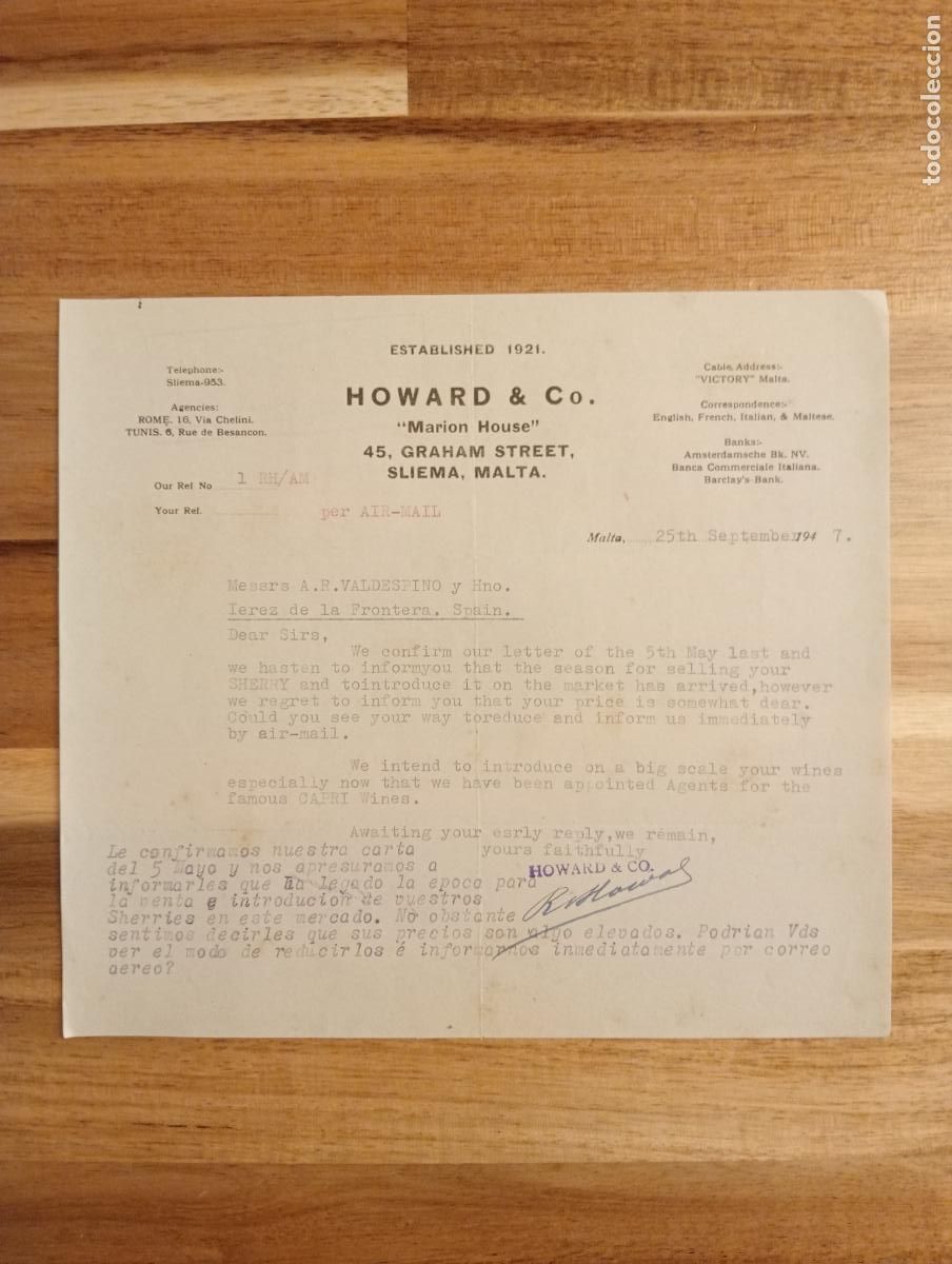 Cartas comerciales: CARTA COMERCIAL. MALTA. 1947. HOWARD & CO. - Foto 1