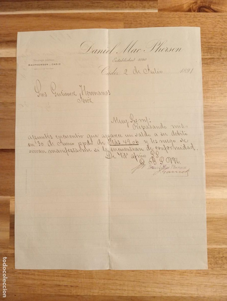 Cartas comerciales: CARTA COMERCIAL. C&Aacute;DIZ. 1891. DANIEL MAC PHERSON. - Foto 1