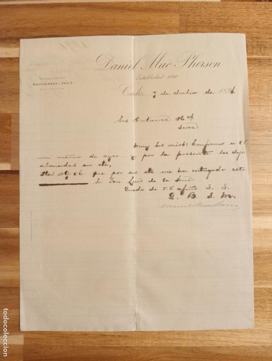 Cartas comerciales: CARTA COMERCIAL. C&Aacute;DIZ. 1891. DANIEL MAC PHERSON. - Foto 1