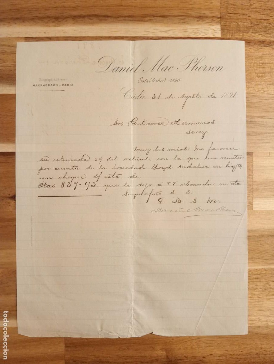 Cartas comerciales: CARTA COMERCIAL. C&Aacute;DIZ. 1891. DANIEL MAC PHERSON. - Foto 1