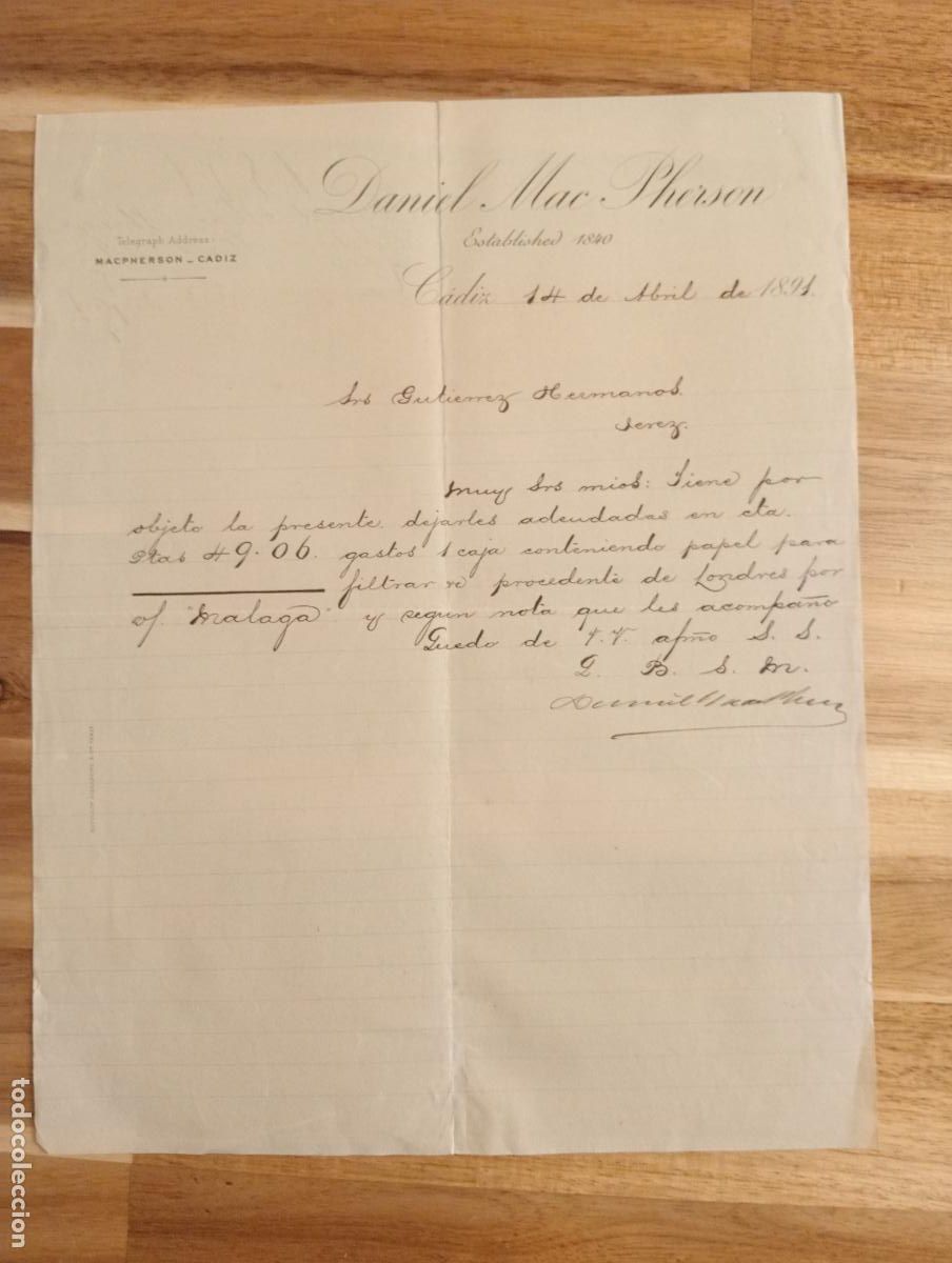 Cartas comerciales: CARTA COMERCIAL. C&Aacute;DIZ. 1891. DANIEL MAC PHERSON. - Foto 1
