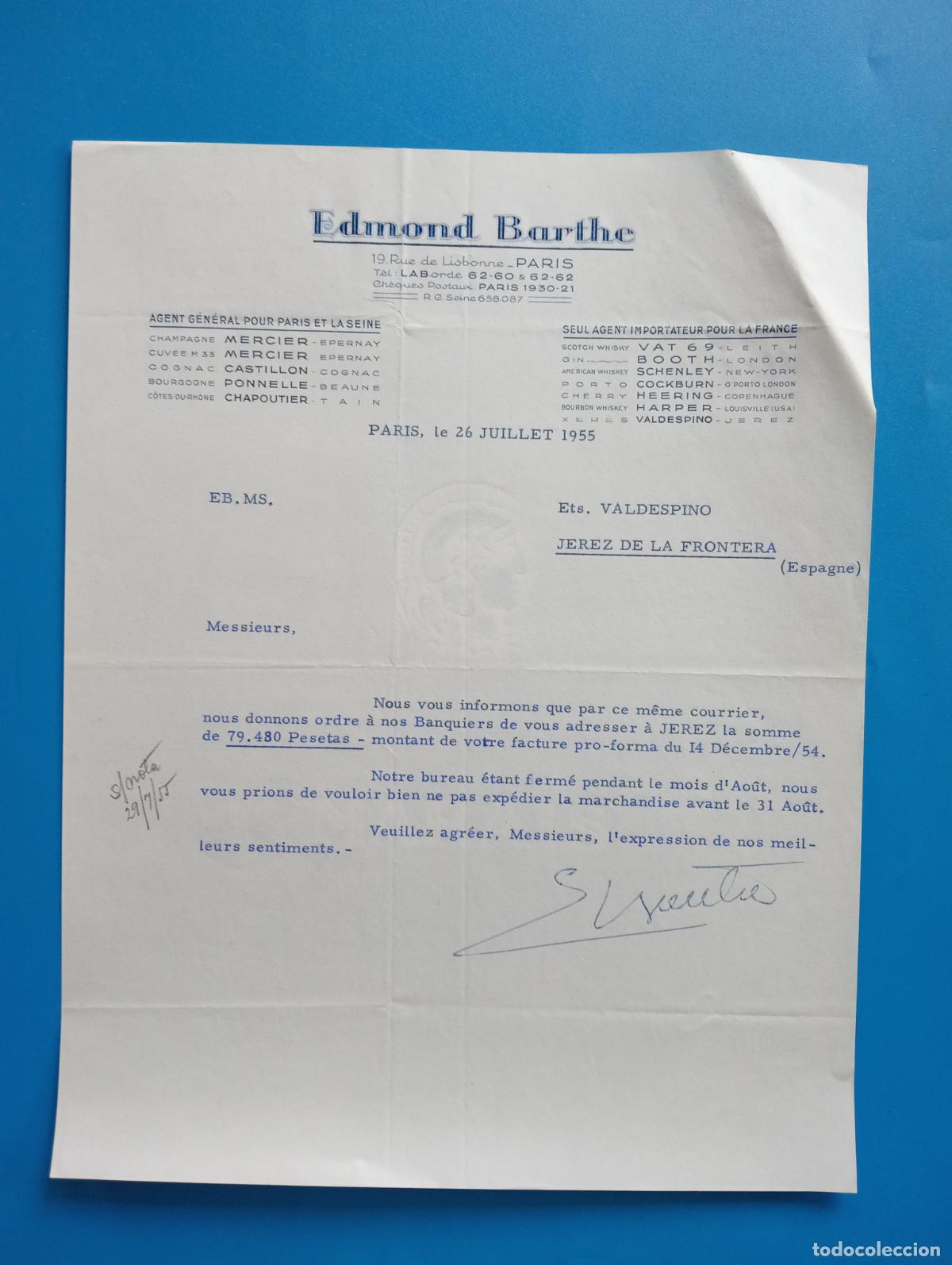 Cartas comerciales: CARTA COMERCIAL. PARIS. 1955. EDMOND BARTHE. AGENT GENERAL. - Foto 1