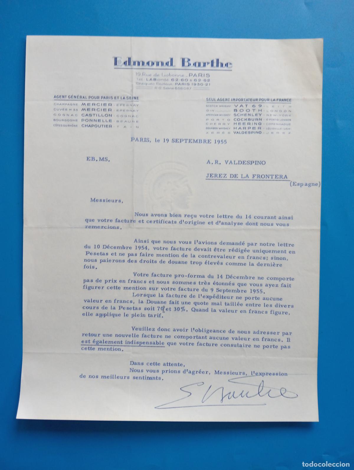Cartas comerciales: CARTA COMERCIAL. PARIS. 1955. EDMOND BARTHE. AGENT GENERAL. - Foto 1