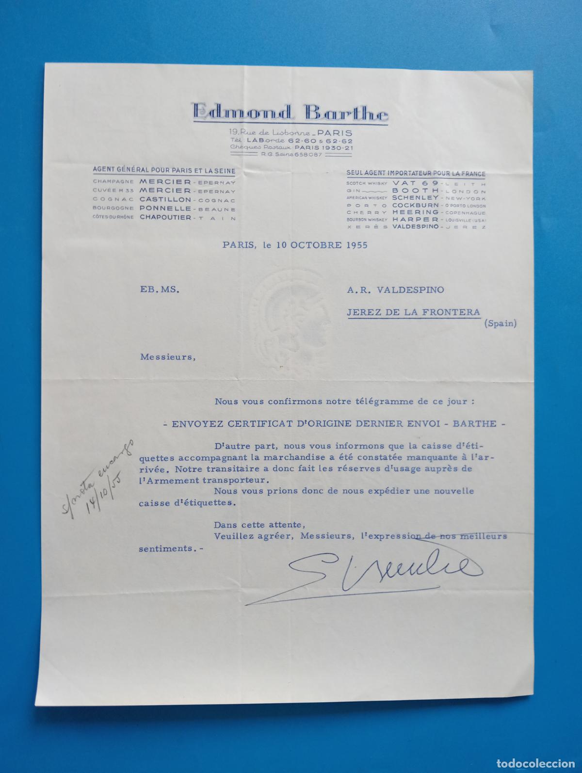 Cartas comerciales: CARTA COMERCIAL. PARIS. 1955. EDMOND BARTHE. AGENT GENERAL. - Foto 1