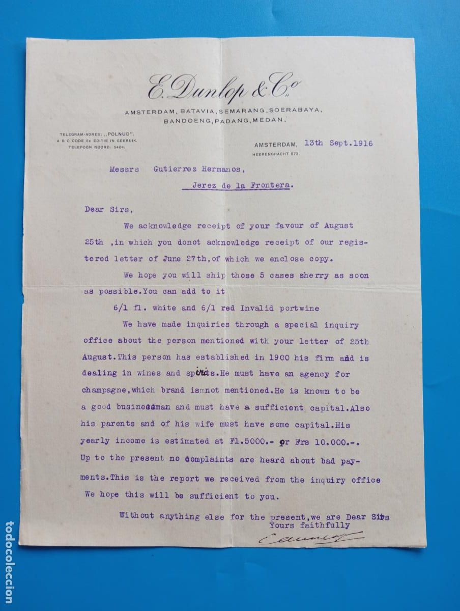 Cartas comerciales: CARTA COMERCIAL. AMSTERDAM. 1916. E. DUNLOP & C&ordm;. - Foto 1