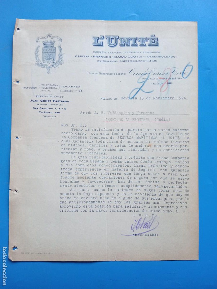 Cartas comerciales: CARTA COMERCIAL. SEVILLA. 1924. LUNIT&Eacute;. COMPA&Ntilde;IA FRANCESA DE SEGUROS Y REASEGUROS. - Foto 1