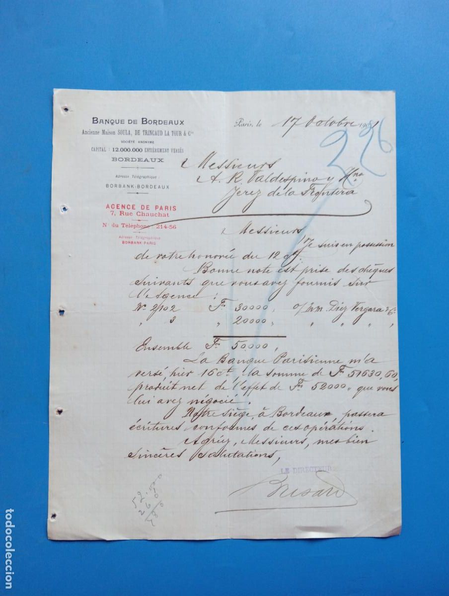 Cartas comerciales: CARTA COMERCIAL. PARIS. 1901. BANQUE DE BORDEAUX. - Foto 1