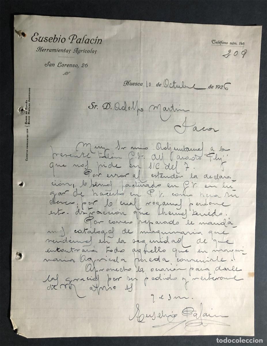 Cartas comerciales: HUESCA 1926 / EUSEBIO PALAC&Iacute;N / HERRAMIENTAS AGR&Iacute;COLAS - Foto 1