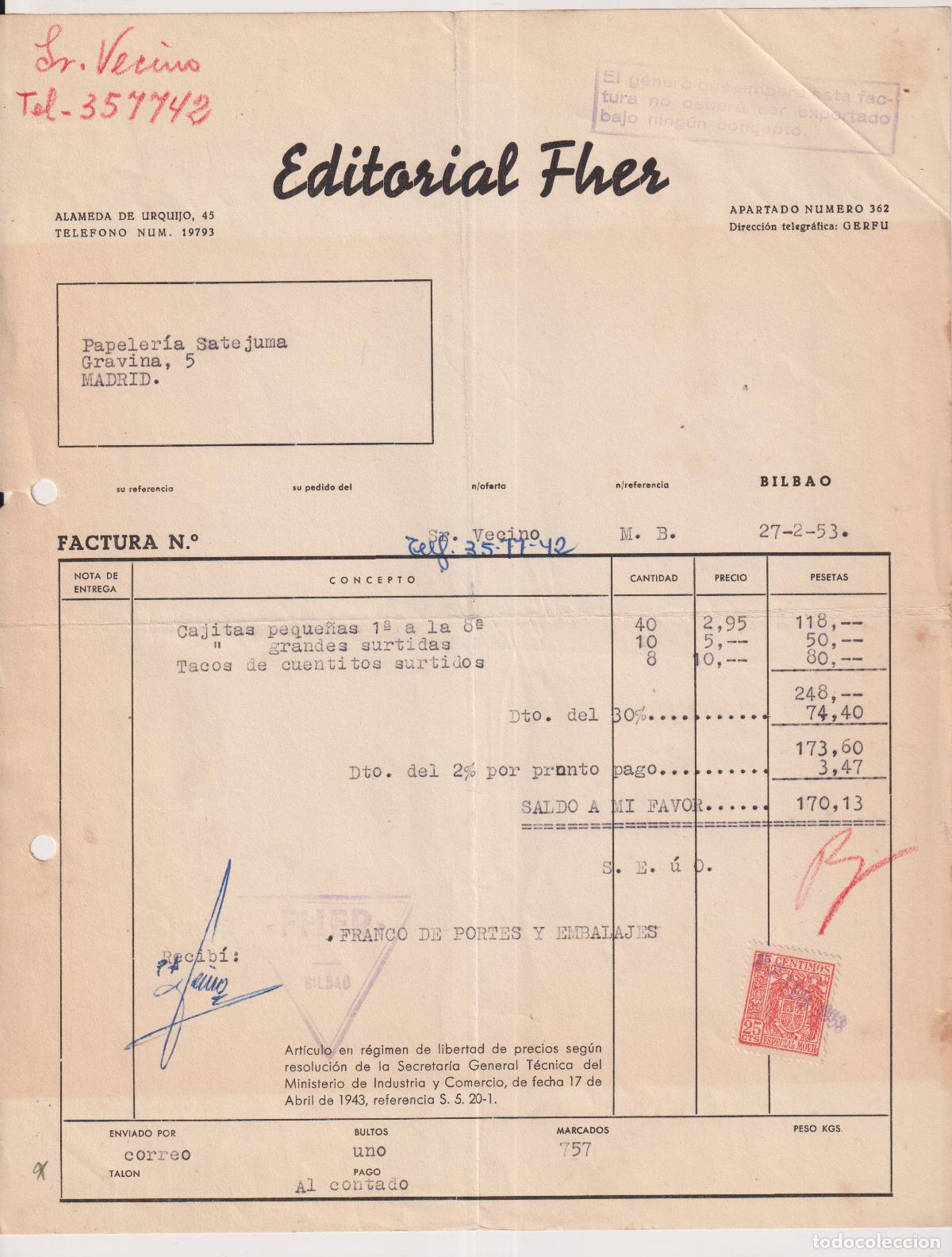 Cartas comerciales: FACTURA EDITORIAL FHER. MADRID. - Foto 1