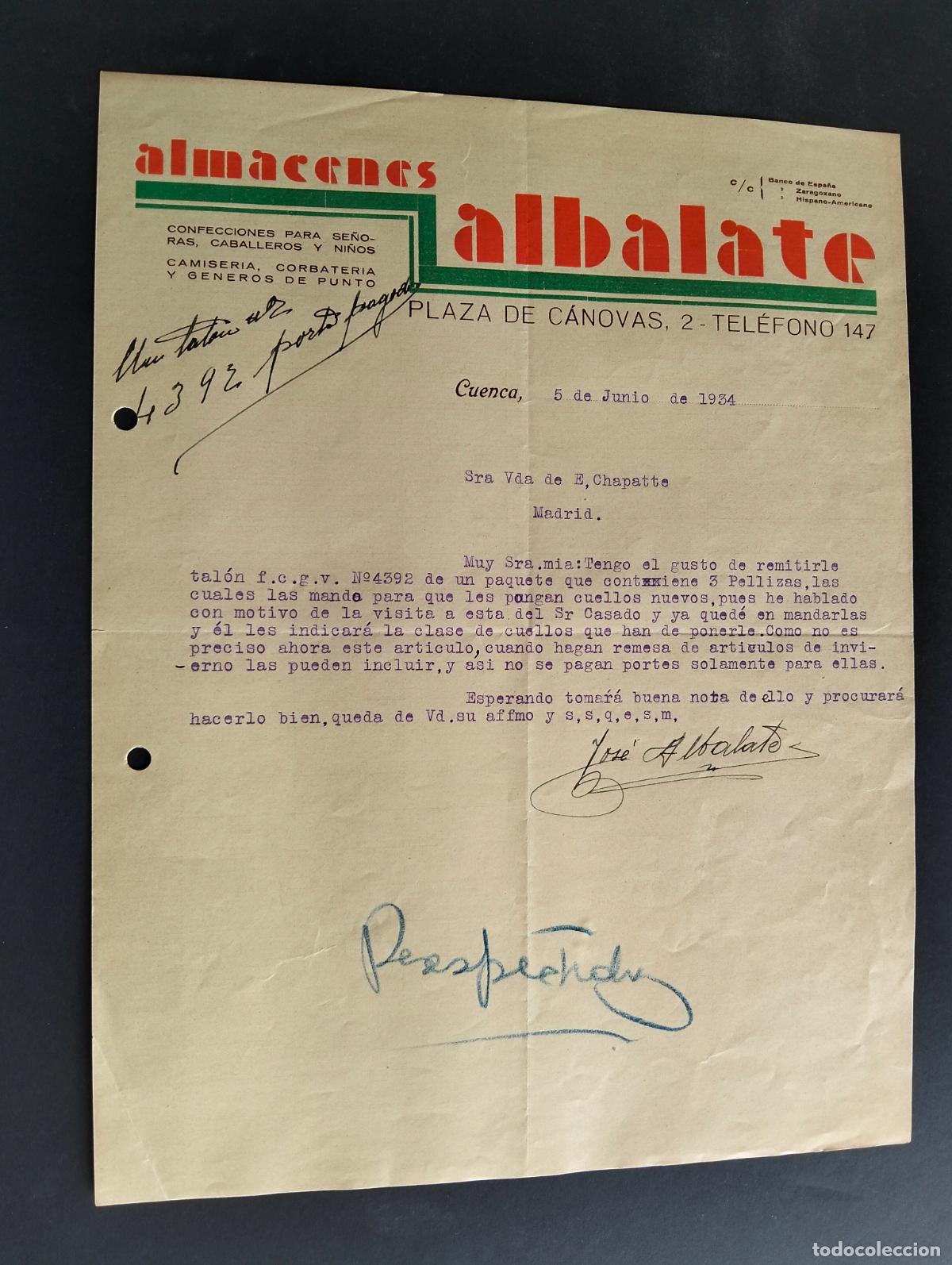 Cartas comerciales: CUENCA ALMACENES ALBALATE CARTA COMERCIAL 1934 - Foto 1