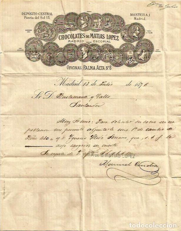 Cartas comerciales: CARTA 1876 CHOCOLATES MATIAS LOPEZ - Foto 1