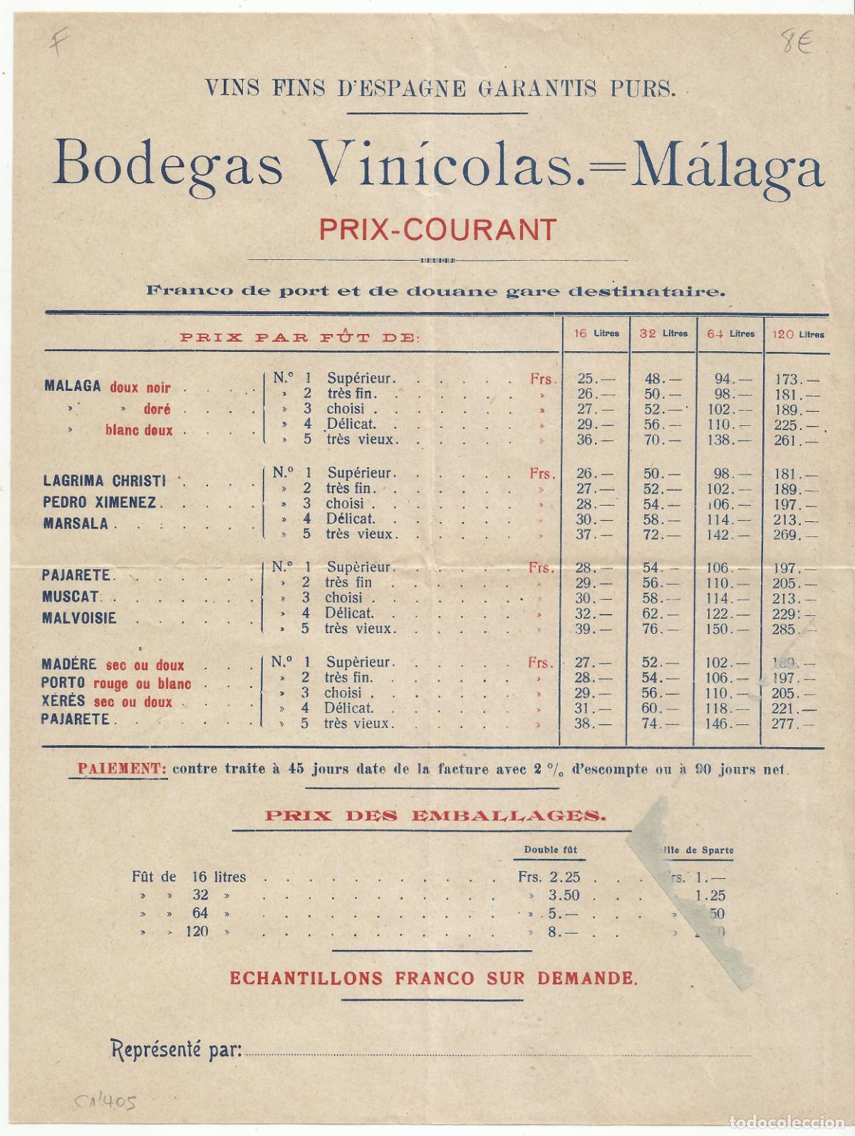 Cartas comerciales: LISTA DE PRECIOS BODEGAS VINICOLAS MALAGA - Foto 1