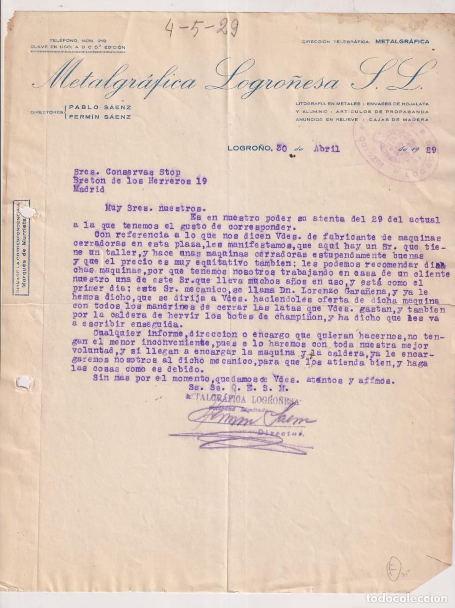 Cartas comerciales: Metalgr&aacute;fica Logro&ntilde;esa. Logro&ntilde;o 1929 - Foto 1
