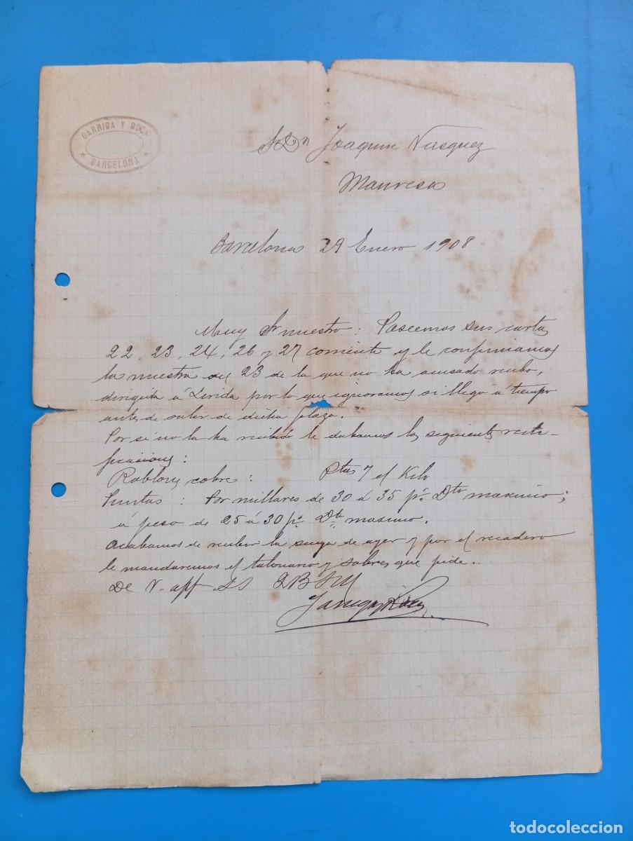 Cartas comerciales: CARTA COMERCIAL. BARCELONA. 1908. GARRIGA Y ROCA. - Foto 1