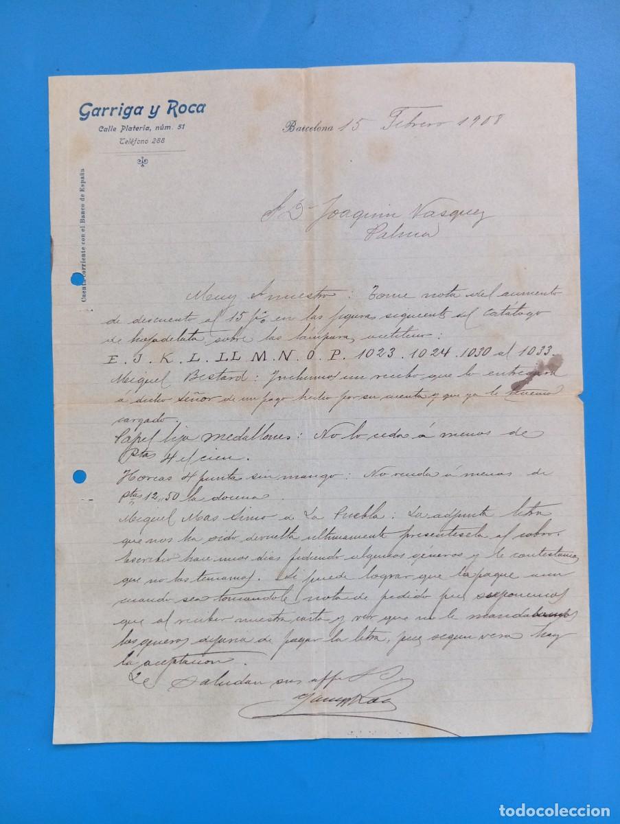 Cartas comerciales: CARTA COMERCIAL. BARCELONA. 1908. GARRIGA Y ROCA. - Foto 1