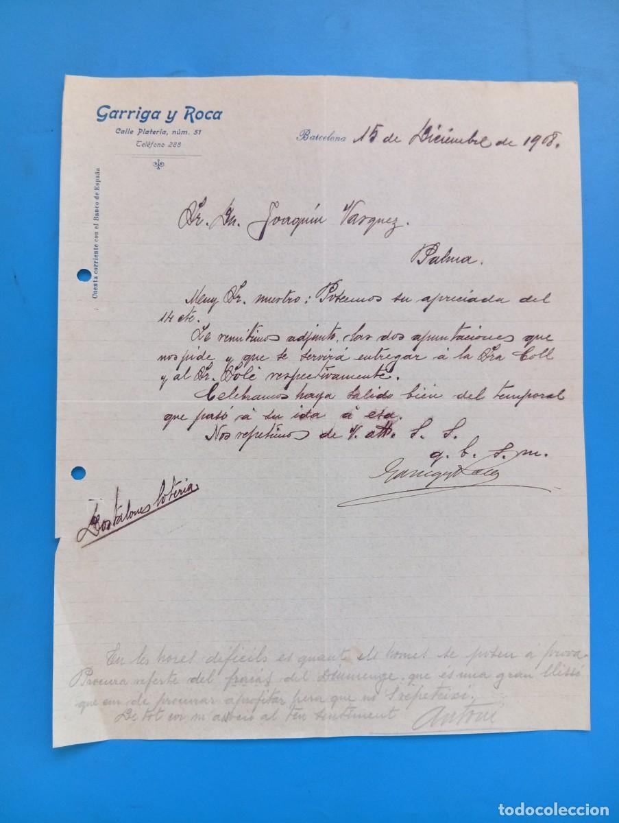 Cartas comerciales: CARTA COMERCIAL. BARCELONA. 1908. GARRIGA Y ROCA. - Foto 1