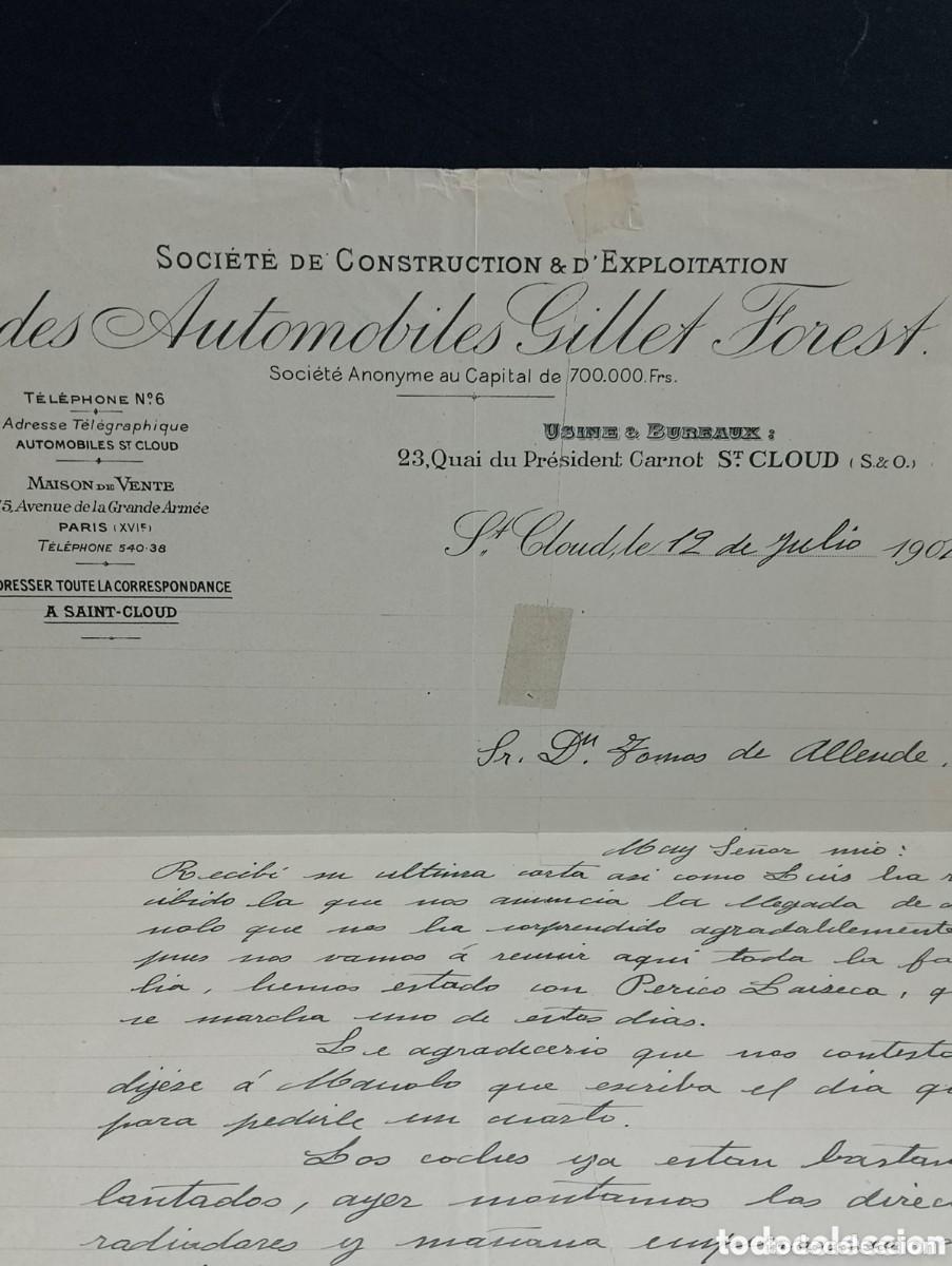 Cartas comerciales: SOCI&Eacute;T&Eacute; DE CONSTRUCTION & D&acute;EXPLOTATION DES AUTOMOBILES GILLET FOREST. SAINT CLOUD 1909 - Foto 1