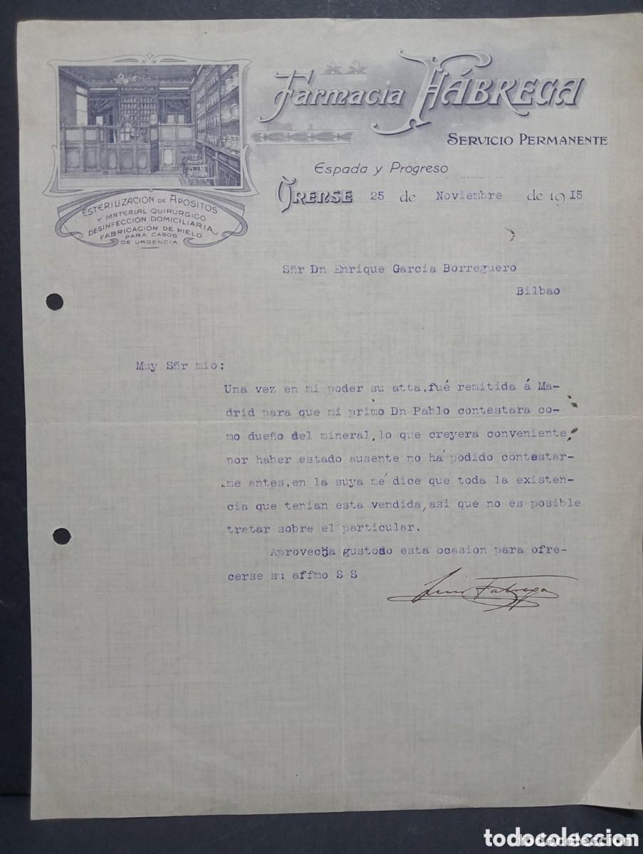 Cartas comerciales: FARMACIA F&Aacute;BREGA. ORENSE 1915 - Foto 1