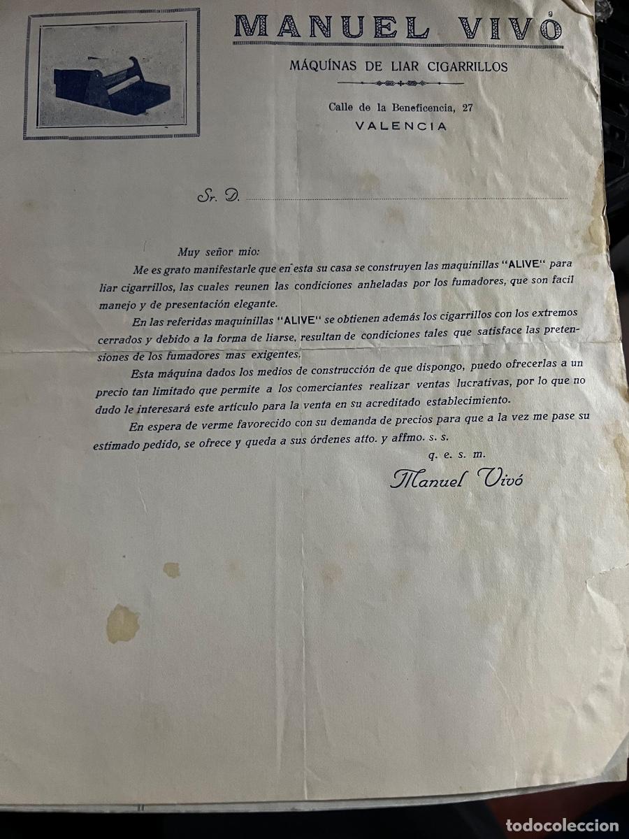 Commercial Letters: Carta comercial. Manuel Viv&oacute;. M&aacute;quinas de liar cigarrillos. Valencia. Espa&ntilde;a