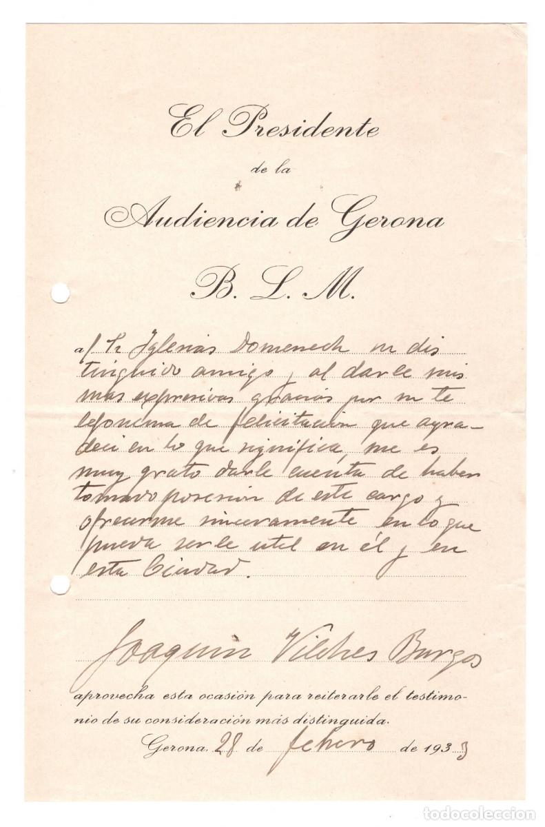 Cartas comerciales: Carta manuscrita Presidente de la Audiencia de Girona &ndash; Rep&uacute;blica &ndash; A&ntilde;o 1933 Catalunya