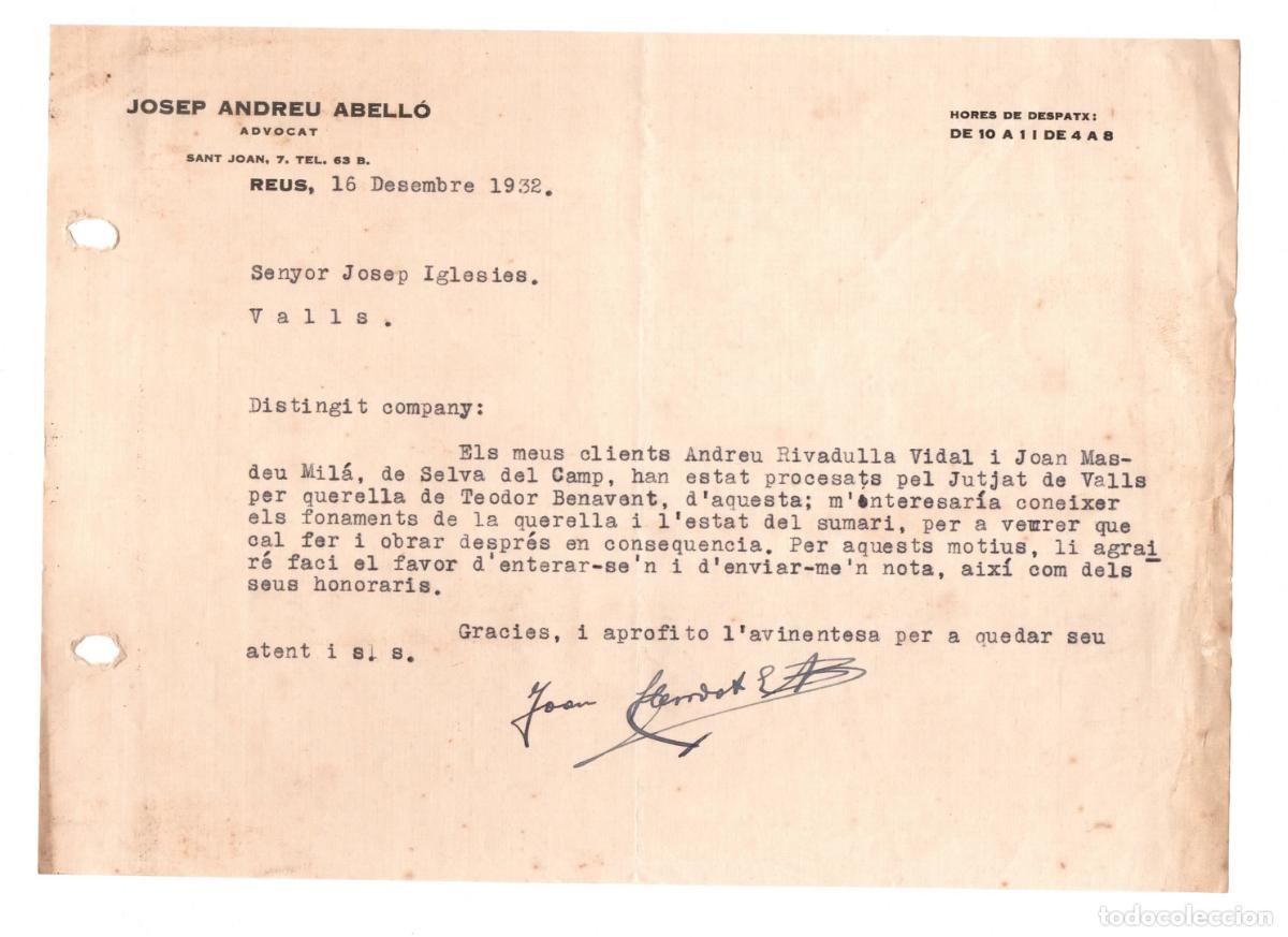Cartas comerciales: Carta comercial Josep Andreu Abell&oacute; advocat &ndash; Reus &ndash; Rep&uacute;blica 1932 Catalunya
