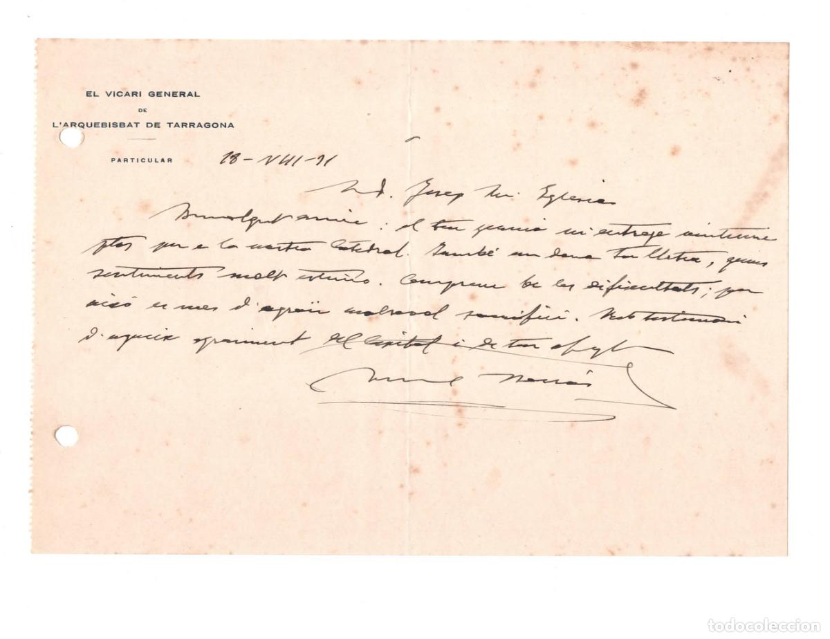 Cartas comerciales: Carta manuscrita bisbe Manuel Borr&agrave;s Ferr&eacute; &ndash; Rep&uacute;blica 1931 Catalunya &ndash; Tarragona La Canonja