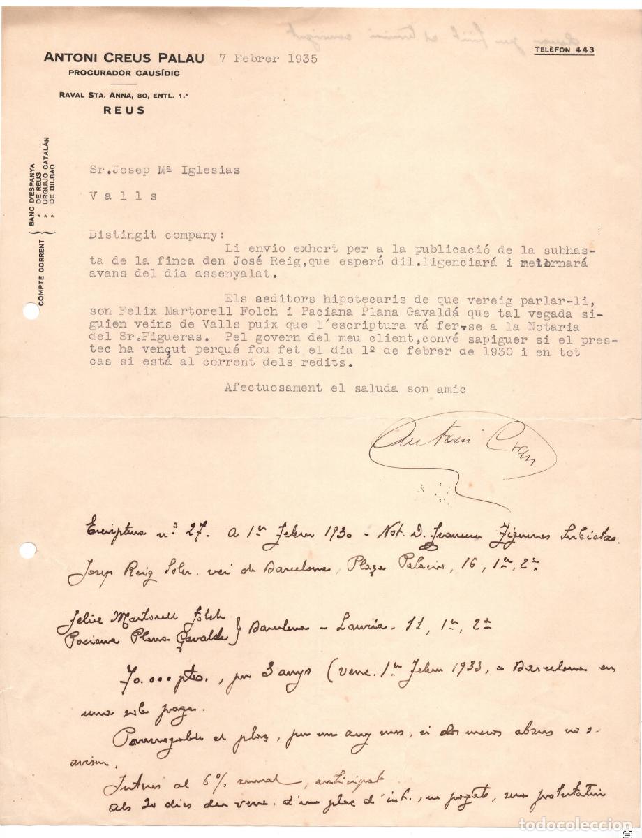 Cartas comerciales: Carta comercial Antoni Creus Palau Procurador Caus&iacute;dic &ndash; Rep&uacute;blica Reus 1935